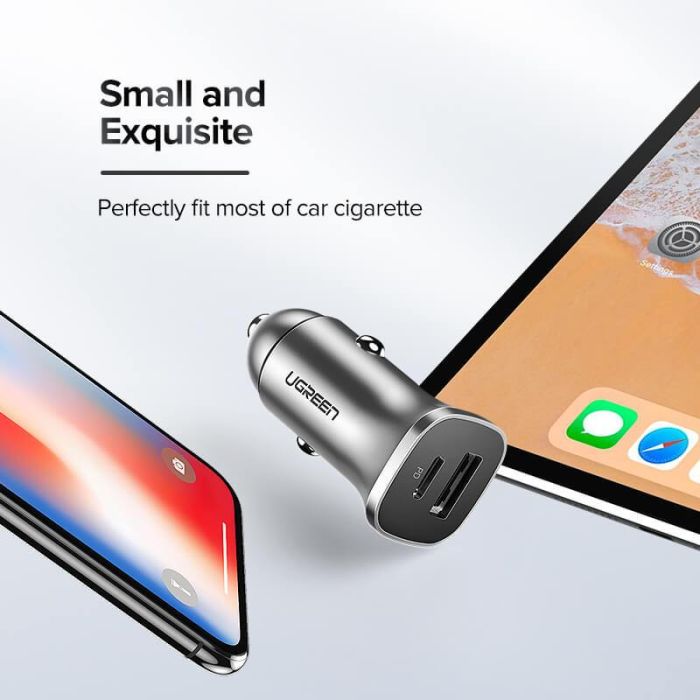 Ugreen avtopolnilec USB + USB-C PD 18W siv - box - slika 2