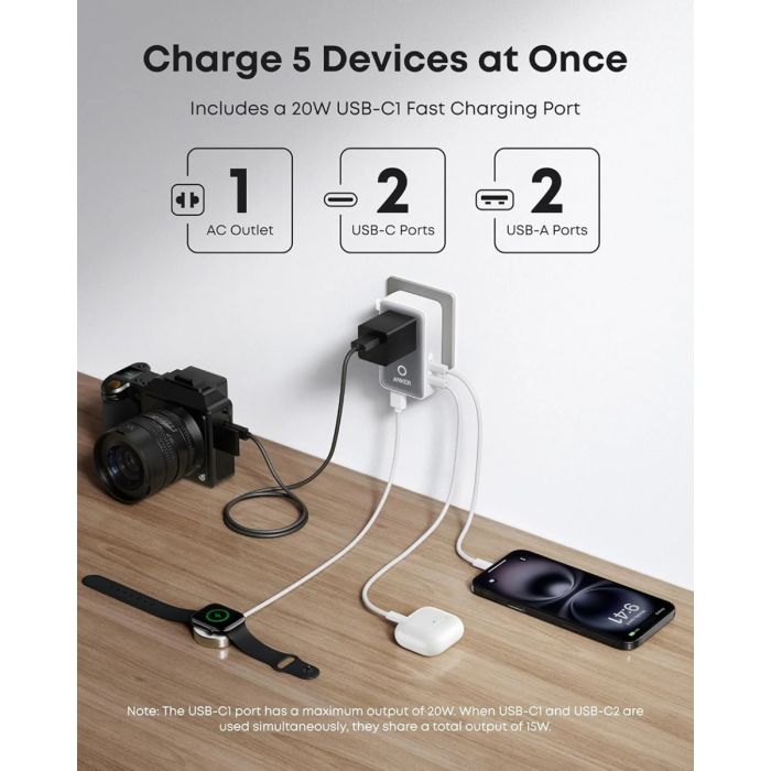 Anker Nano potovalni adapter 5v1, 20W, bel - slika 3