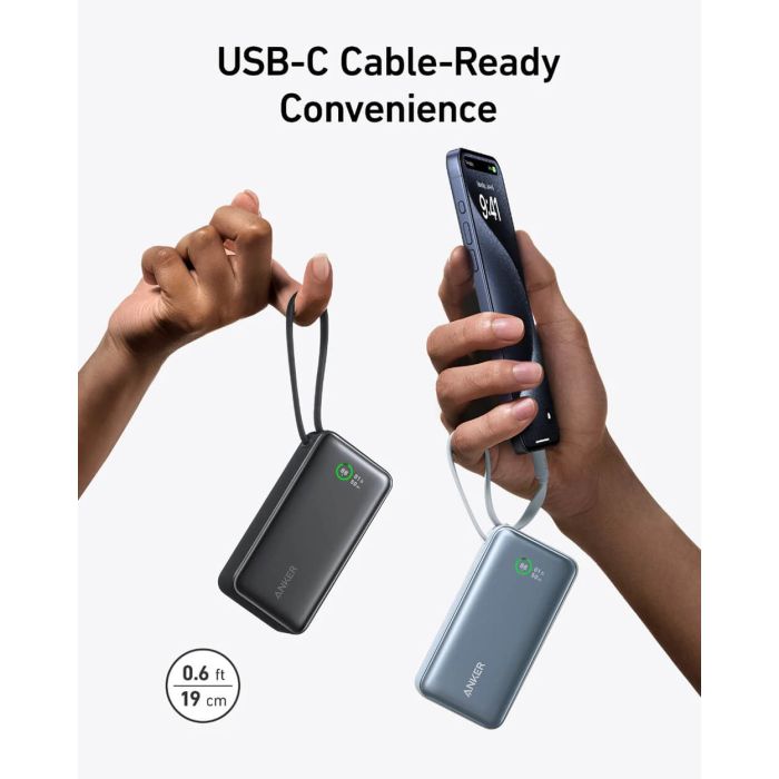 Anker 545 Nano powerbank 10K z vgrajenim kablom USB-C, črn