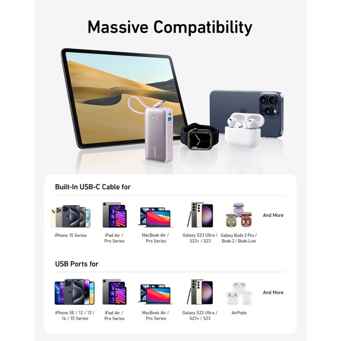 Anker 545 Nano powerbank 10K z vgrajenim kablom USB-C, zelen - slika 2