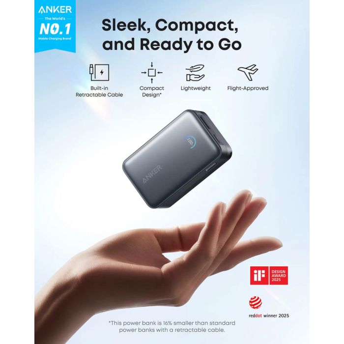 Anker Nano Power Bank 10000 mAh, 45W z vgrajenim USB-C kablom, črn - slika 2