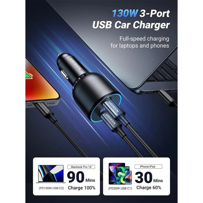 Ugreen 130W avtopolnilec z 1M USB-C kablom - slika 2