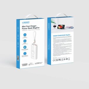 VEGER prenosna baterija MagFan 10000 mAh, vgrajen kabel in Apple Watch polnilnik, bela