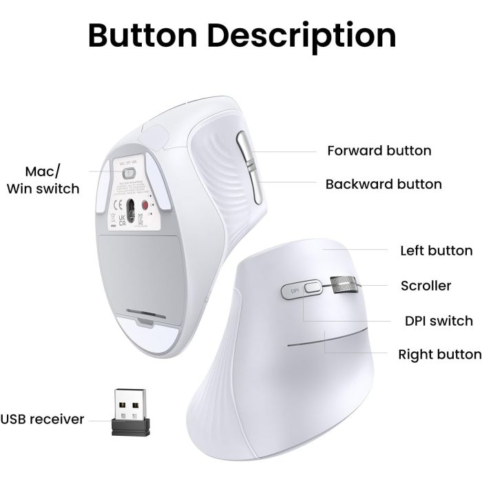 Ugreen brezžična ergonomska vertikalna miška z Bluetooth in Wi-Fi povezavo - bela - slika 6