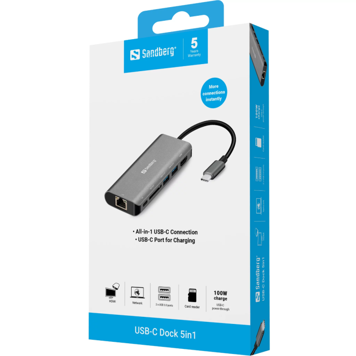 Sandberg USB-C Dock HDMI+LAN+SD+USB 100W priklopna postaja - slika 6