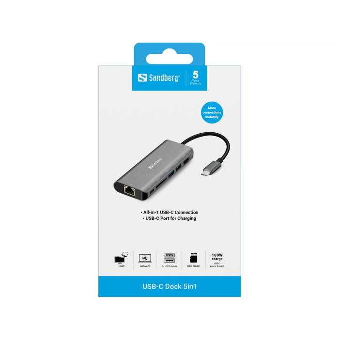 Sandberg USB-C Dock HDMI+LAN+SD+USB 100W priklopna postaja - slika 7