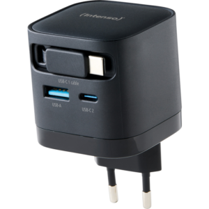 Intenso 65W GaN napajalnik z vgrajenim kablom USB-C, črn