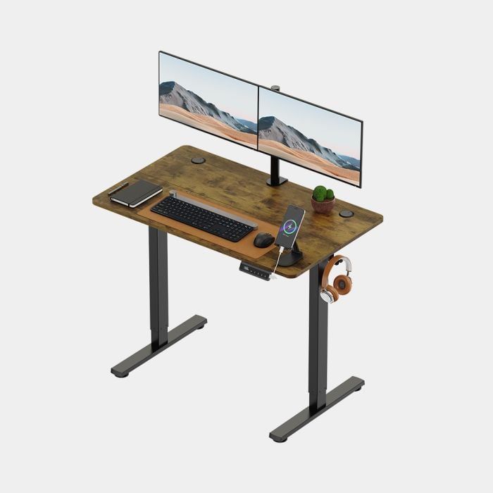 VonHaus Dvižna pisalna miza 100 × 60 cm – orehova plošča, črno podnožje, USB-C - slika 2