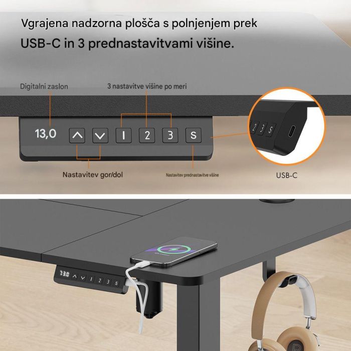 VonHaus Bela električno nastavljiva dvižna pisalna miza 140 × 60 cm z USB-C polnilnim priključkom - slika 3